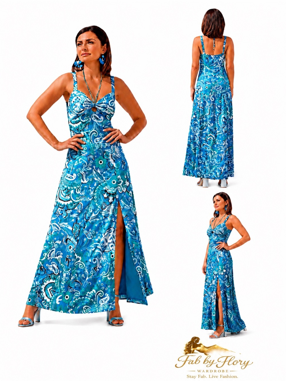 Boston Proper Stamped Floral Blues Charmeuse Maxi Dress – Size 14